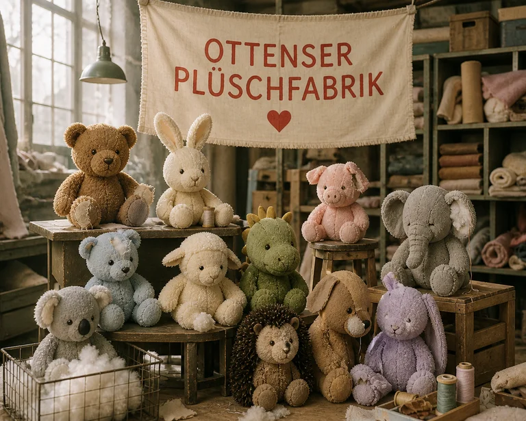 Plüschtiere in verschiedenen Farben und Formen sitzen vor einem Schild mit der Aufschrift "Ottensener Plüschfabrik" in einer Werkstatt.