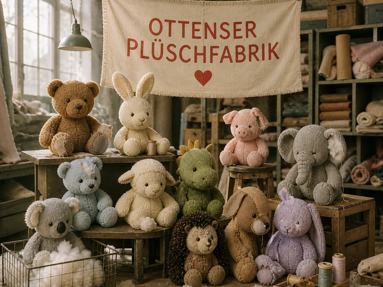 Plüschtiere in verschiedenen Farben und Formen sitzen vor einem Schild mit der Aufschrift "Ottensener Plüschfabrik" in einer Werkstatt.