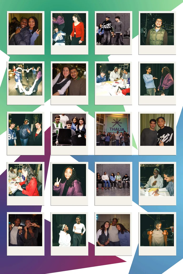 Eine Collage aus Polaroid-Fotos zeigt Menschen bei verschiedenen Anlässen. Die Hintergründe sind in Grün, Blau und Lila gehalten.