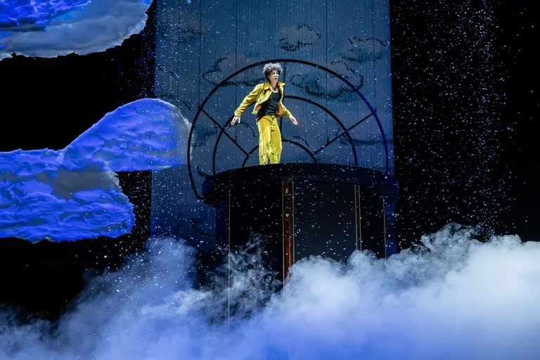Ein Performer in einem gelben Kostüm steht auf einer erhöhten Plattform, umgeben von Nebel und großen Blattformen auf der Bühne.