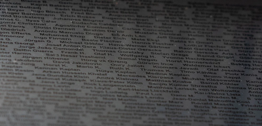 Graue Wand voller eingravierter Namen in gleichmäßigen Reihen. Ein stilles Denkmal, das an zahlreiche Menschen erinnert.