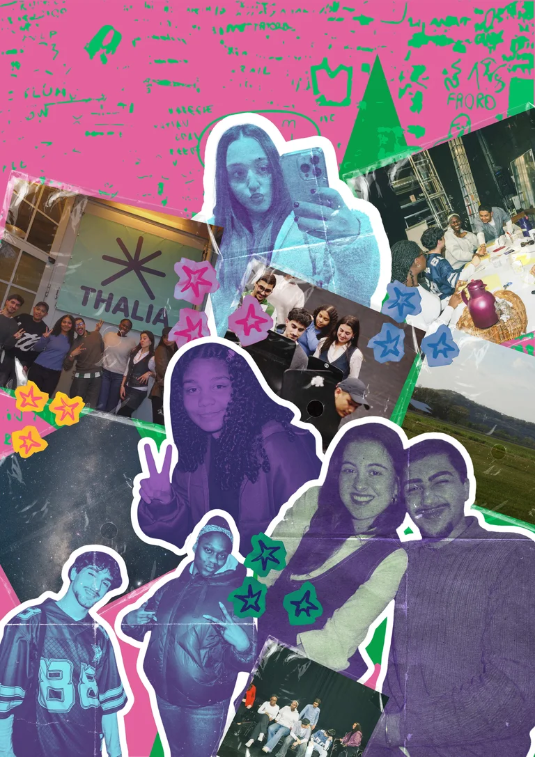Collage aus Fotos von Menschen bei verschiedenen sozialen Ereignissen mit bunten Sternen und grafischen Elementen im Hintergrund.