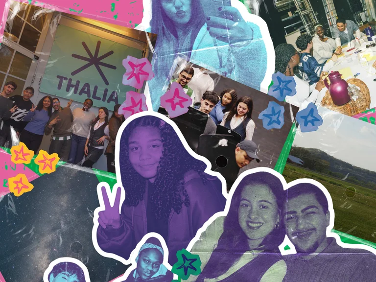 Collage aus Fotos von Menschen bei verschiedenen sozialen Ereignissen mit bunten Sternen und grafischen Elementen im Hintergrund.
