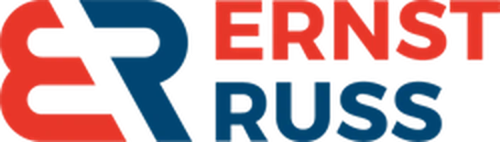 Das Logo von Ernst Russ zeigt stilisierte rote und blaue Buchstaben "E" und "R" nebeneinander, mit dem Namen daneben.