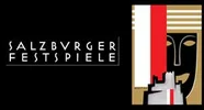 Logo der Salzburger Festspiele mit stilisierten Masken und der österreichischen Flagge in roten, weißen und goldenen Tönen.