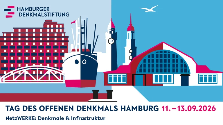 Plakat zum Tag des offenen Denkmals in Hamburg 2026. Illustrierte Wahrzeichen und Daten: 11.-13. September, Thema: Denkmale & Infrastruktur.
