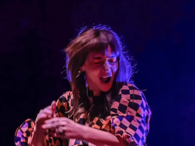 Eine Flamenco-Tänzerin in einem karierten Kleid performt leidenschaftlich auf der Bühne, erleuchtet von dramatischem Licht vor einem dunklen Hintergrund.