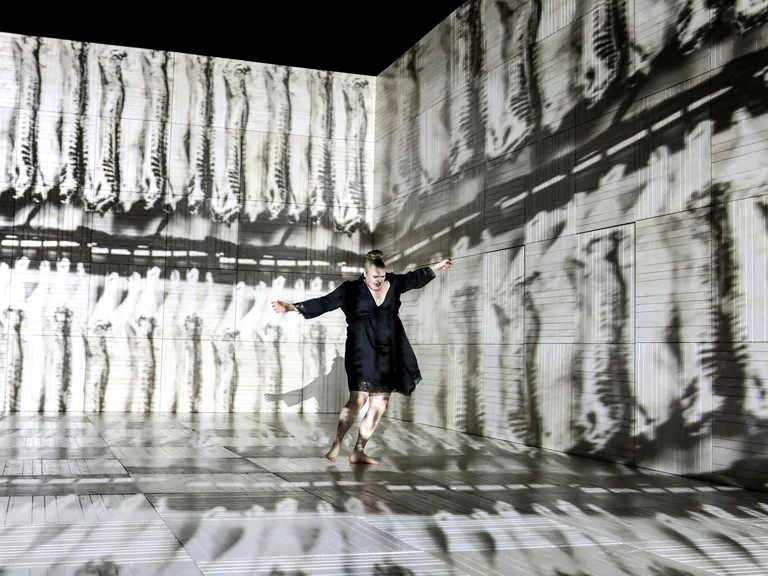 Eine Person tanzt in einem Raum mit gestreiften und texturierten Wänden, die Schatten und Lichtspiele erzeugen. Kunstvolle Inszenierung.