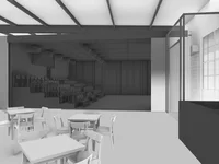 Schwarz-weißes Design eines modernen Eventraums mit leeren Tischen und Stühlen, einer großen Fensterfront und einer erhöhten Bühne.