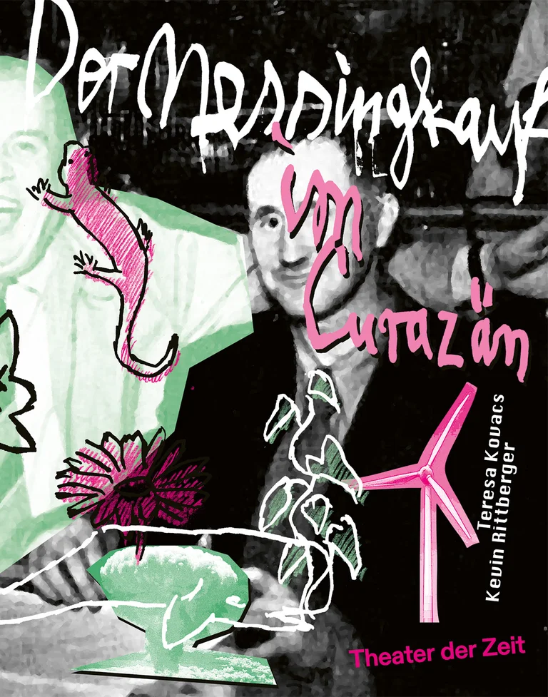 Ein künstlerisches Plakat mit Text "Der Messingkäfer im Curazän", illustrierten Pflanzen und Tieren, sowie der Schriftzug "Theater der Zeit".