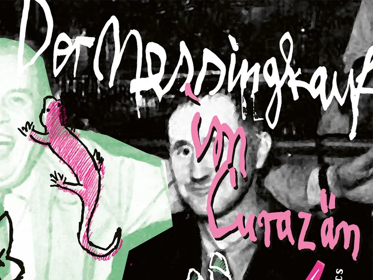 Ein künstlerisches Plakat mit Text "Der Messingkäfer im Curazän", illustrierten Pflanzen und Tieren, sowie der Schriftzug "Theater der Zeit".