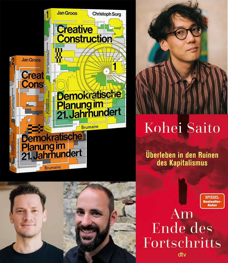 Buchcover von „Creative Construction“ und „Am Ende des Fortschritts“, daneben Fotos von drei lächelnden Menschen.