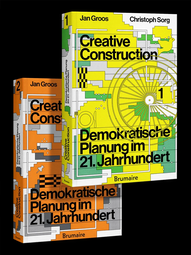 Zwei Bücher mit dem Titel 'Demokratische Planung im 21. Jahrhundert', Band 1 und 2. Auffälliges, modernes Coverdesign mit geometrischen Mustern.