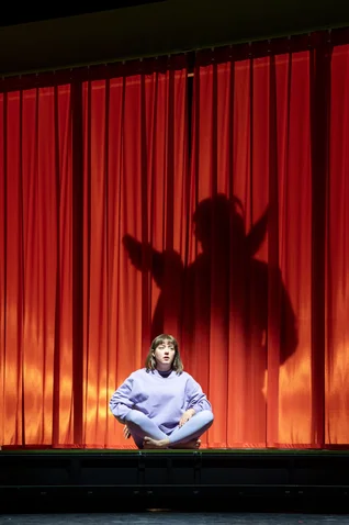 A person sits on stage in front of a red curtain. The shadow of a dancer is visible on the curtain.