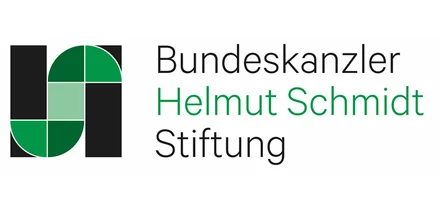 Logodesign der Bundeskanzler Helmut Schmidt Stiftung mit stilisiertem Schwarz-Grün-Muster und Stiftungsschriftzug in Schwarz und Grün.