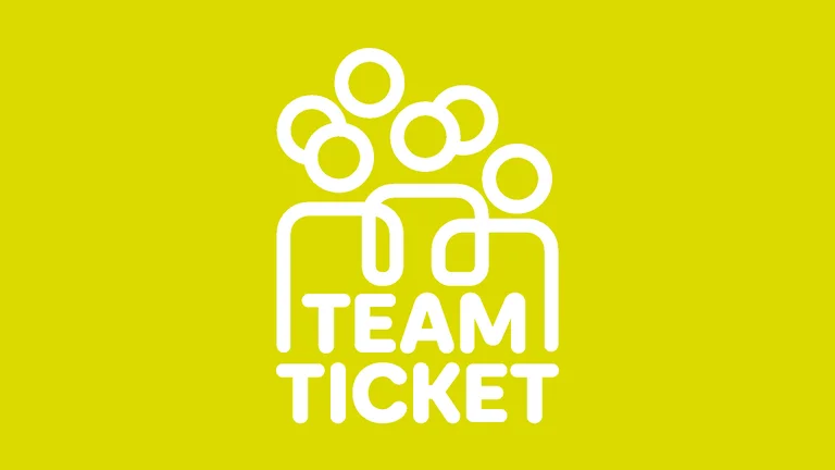 Logo eines Teams mit vier stilisierten Personen über dem Schriftzug "Team Ticket" auf gelbem Hintergrund.